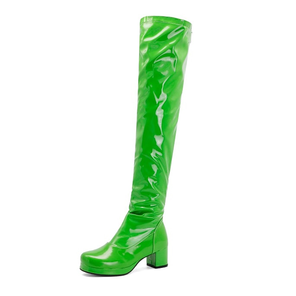 Botas por encima de la rodilla de charol negro para mujer con tacón grueso, elegantes y sofisticadas para salir de noche y para fiestas. 2026 - $69.99 –P5