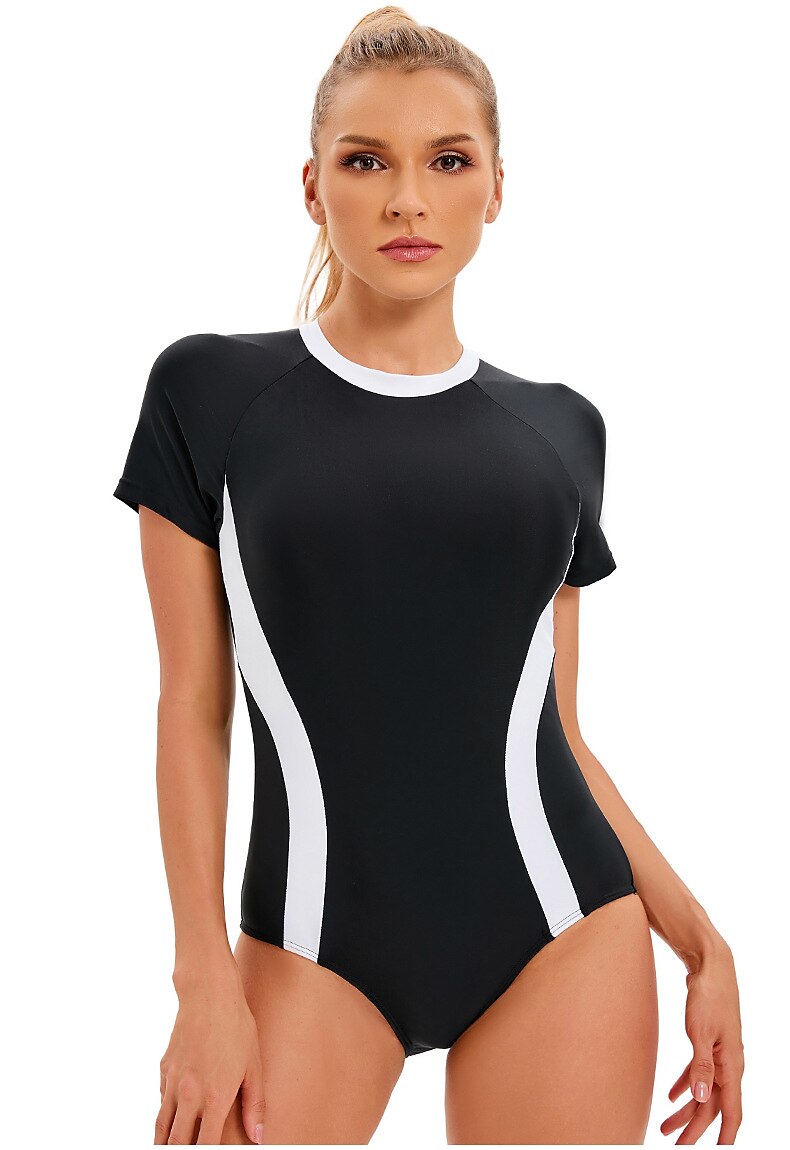 Women One Piece Swimsuit Rash Guard Short Sleeve Bodysuit