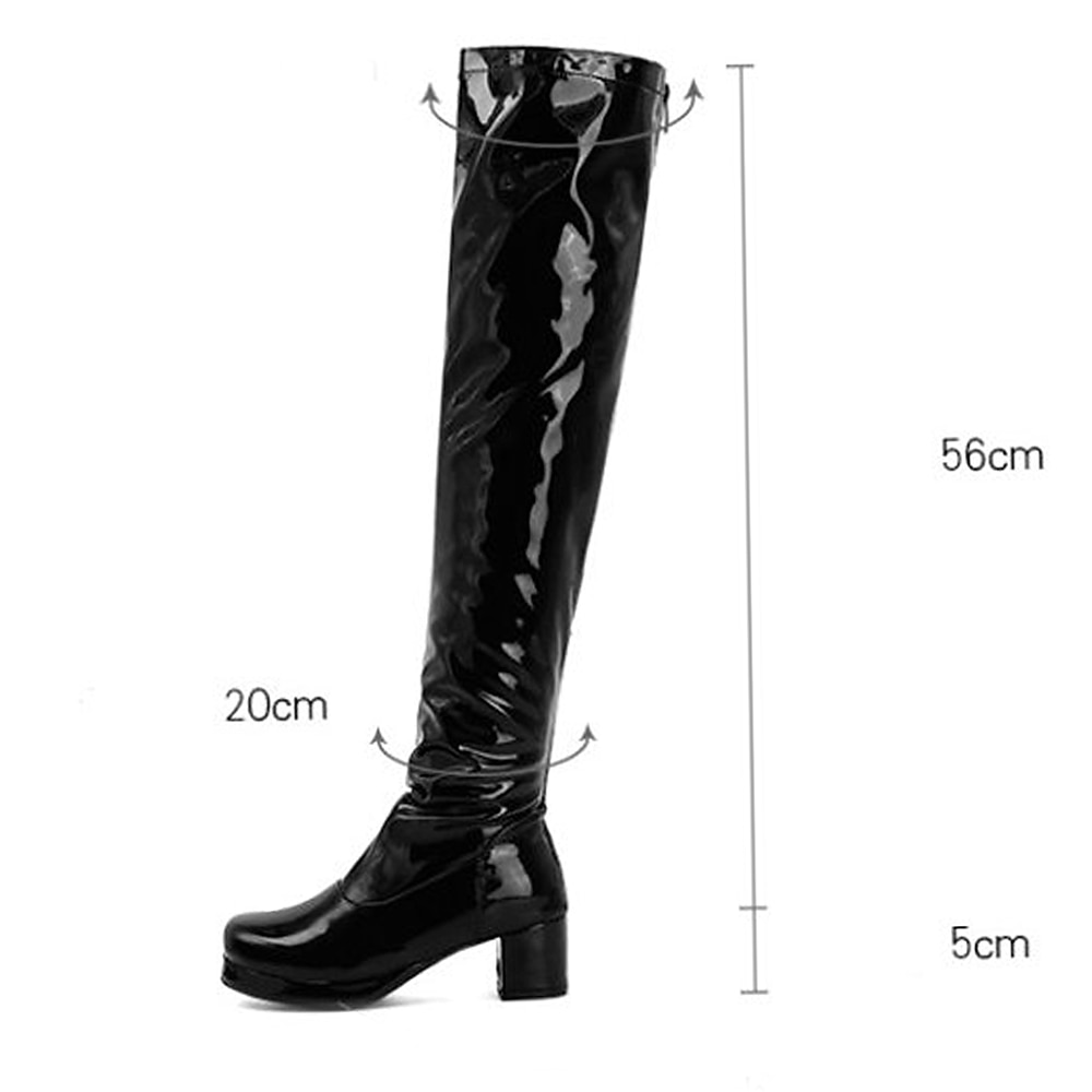 Botas por encima de la rodilla de charol negro para mujer con tacón grueso, elegantes y sofisticadas para salir de noche y para fiestas. 2026 - $69.99 –P1