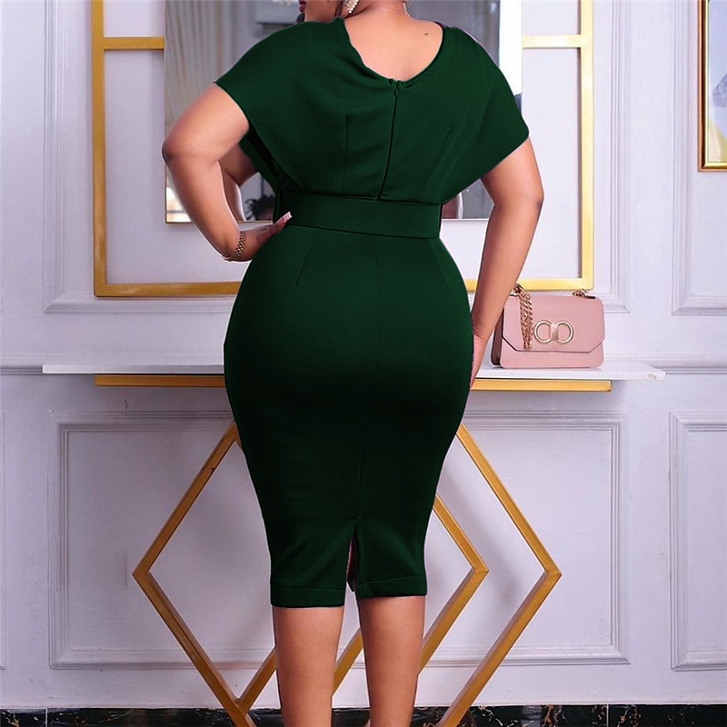 Women's Plus Size Curve Easter Dress Work Dress Solid Color V Neck Short  Sleeve Spring Dress Fall Work Formal Knee Length Dress Date Vacation Dress  2024 - $46.99