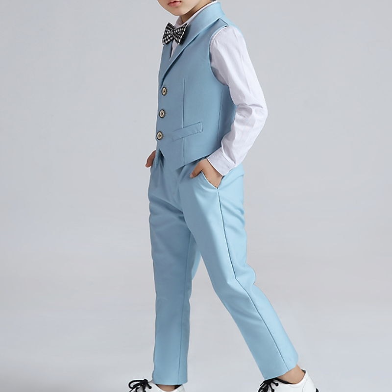 skjorte for gutter & bukse klær sett 4 deler langermet marineblå ensfarget bomull skoleferie mild preppy stil 3-13 år 2025 - $44.99 –P10