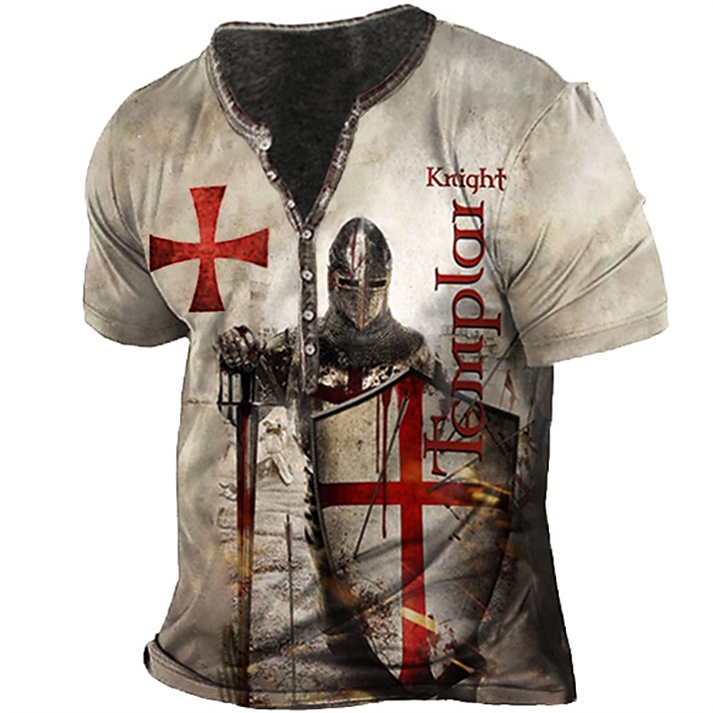 2025年 男性用 Tシャツ ヘンリーシャツ デザイナー ベーシック カジュアル シャツ グラフィック テンプルクロス テンプル騎士団 十字架 半袖 シャツ ブルー パープル ブラウン アウトドア 日常 スポーツ ヘンリー 夏 衣類 3Dプリント プラスサイズ S M L XL XXL 3XL 4XL コレクション – $22.99 –P1