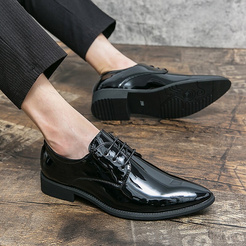 męskie lakierowane skórzane buty wizytowe typu oxford – błyszczące, formalne, sznurowane buty do biznesu, na wesela i wieczorne imprezy 2025 - $54.99 –P8