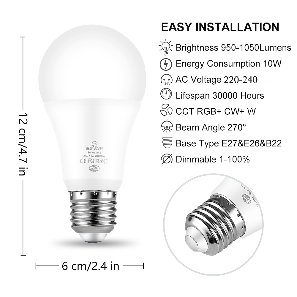 6pcs 4pcs 2pcs 1pc 10 W LED Smart Bulbs 1050 lm E27 A60(A19) 34 LED Beads SMD APP Control Smart Timing RGB+Cold&Warm White 220-240 V 2025 - $22.99 –P4
