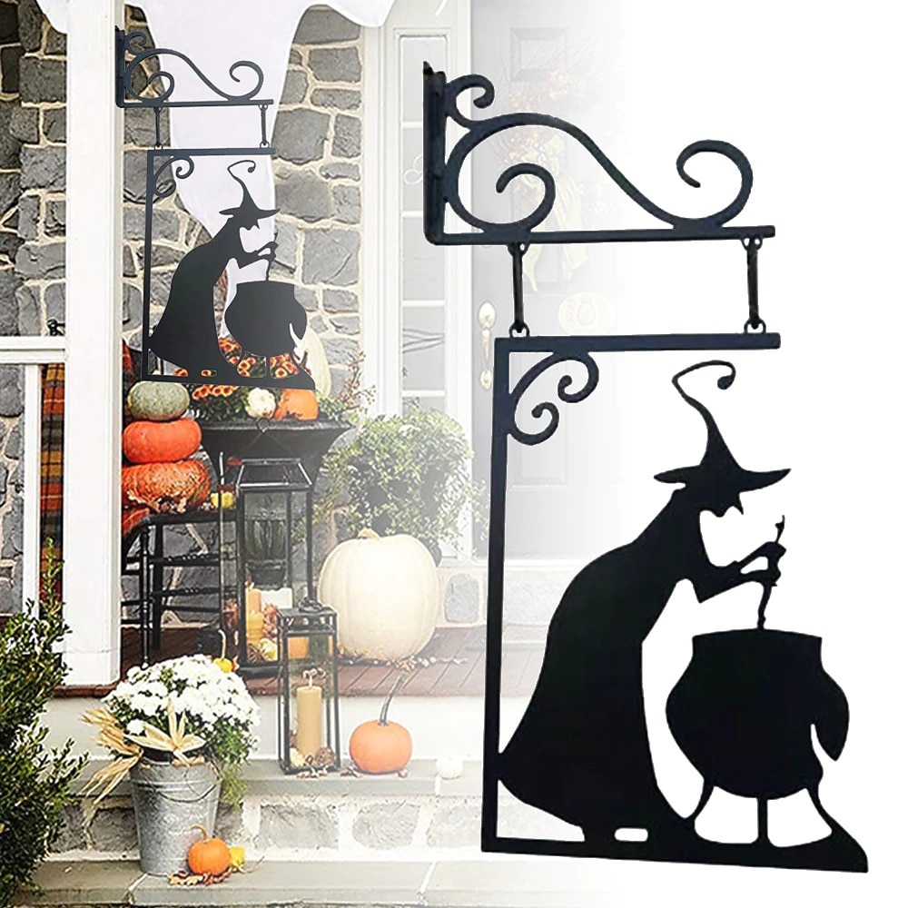 halloween čarodějnický kotel silueta nástěnná výzdoba - venkovní kovový čarodějnický kotlík nástěnná ozdoba, halloween strašidelná závěsná kovová nástěnná cedule pro dekorace na zahradní párty 2025 - $23.99 –P5