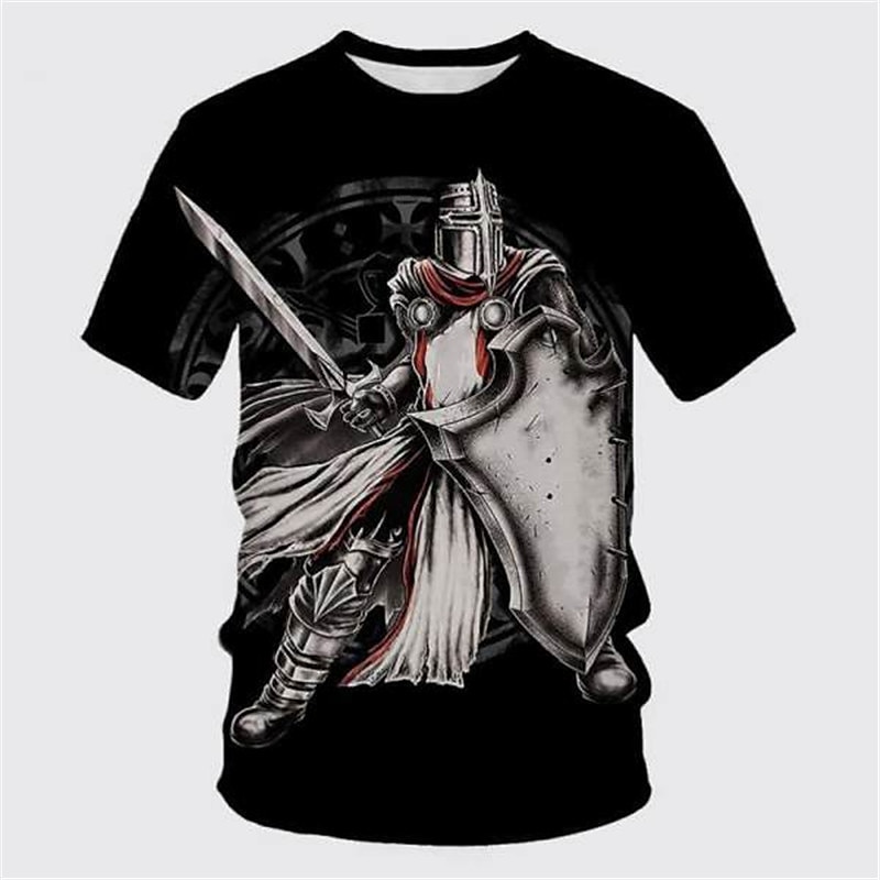 Men's Templar Cross Graphic Prints Soldier T Shirt Christian T Shirts Short Sleeve T shirt 3D Print Crew Neck Shirt Vintage Sports Designer Outdoor Street Daily Black / Gray Black White Summer 2025 - $17.99 –P1