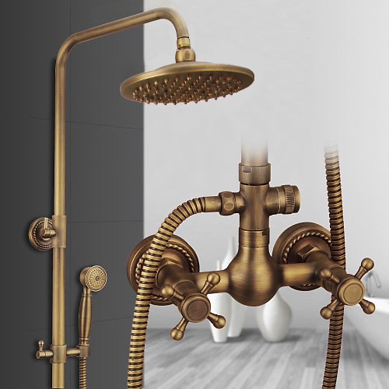Vintage Shower System Faucet Combo Set Ceramic Mixer Valve, 8 inch Brass Rainfall Shower Head Showerhead with Handheld Spray, Antique Wall Mounted Tub and Shower Kit Bathroom Bath 2025 - $275.39 –P5