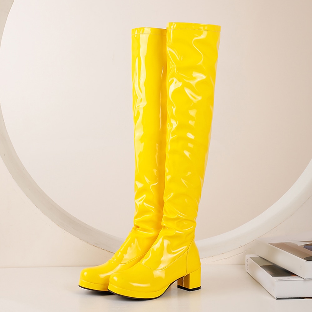 Botas por encima de la rodilla de charol negro para mujer con tacón grueso, elegantes y sofisticadas para salir de noche y para fiestas. 2026 - $69.99 –P13