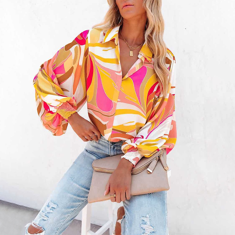 Women's Shirt Blouse Fashion Buttons Print Long Sleeve Regular Tops Shirt Collar Casual Blue Purple Green Gray Spring & Fall 2025 - $21.99 –P4