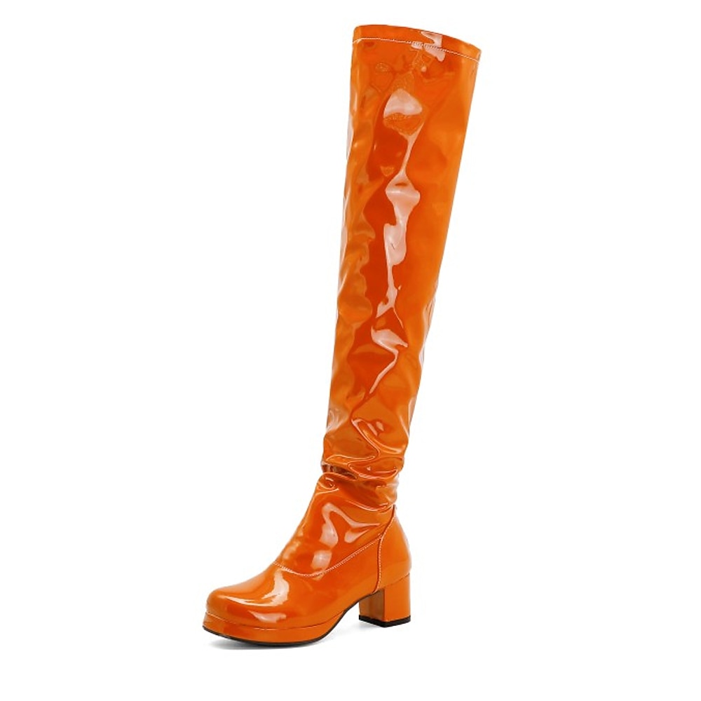 Botas por encima de la rodilla de charol negro para mujer con tacón grueso, elegantes y sofisticadas para salir de noche y para fiestas. 2026 - $69.99 –P4