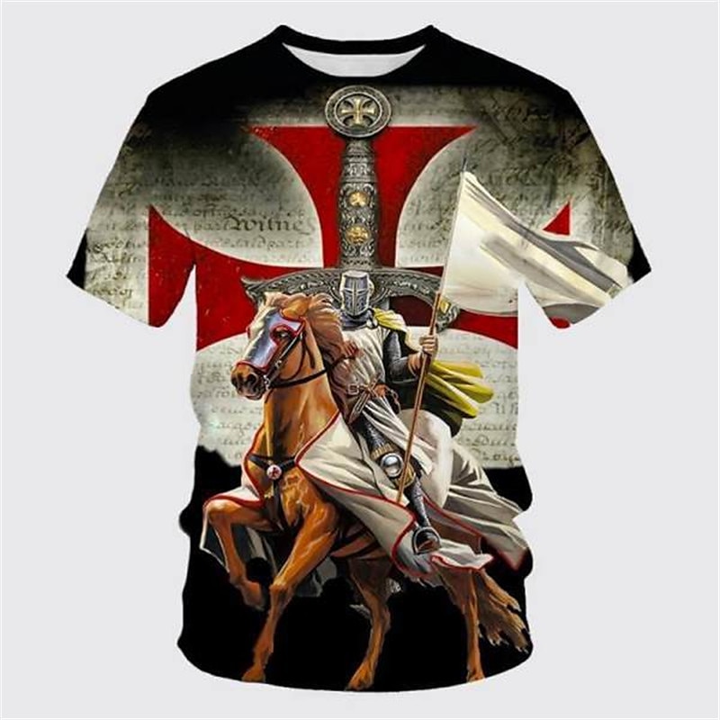 Men's Templar Cross Graphic Prints Soldier T Shirt Christian T Shirts Short Sleeve T shirt 3D Print Crew Neck Shirt Vintage Sports Designer Outdoor Street Daily Black / Gray Black White Summer 2025 - $17.99 –P2