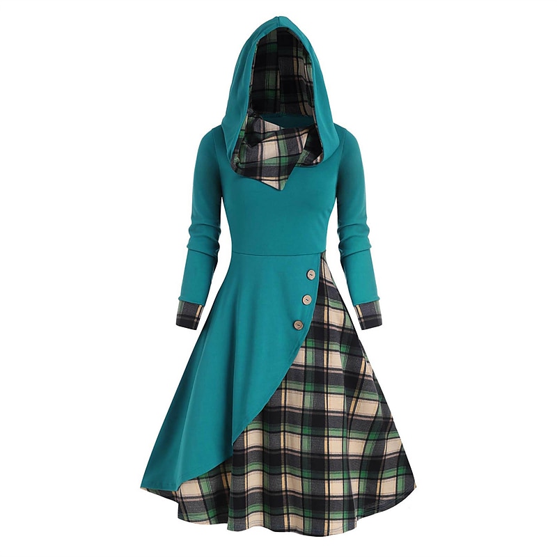 Mulheres Vestido midi Vestido xadrez Vestido casual Vestido da bainha Moda Roupa de inverno Férias Diário Ajuste Largo Xadrez Bloco de cor Manga Longa Com Capuz Preto Vermelho Primavera Outono Inverno de 2025 por $13.99 -P3
