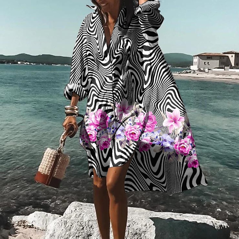 Women's Shirt Dress Casual Dress Swing Dress Midi Dress Outdoor Winter Dress Daily Fashion Stylish Shirt Collar Rolled Cuff High Low dress Long Sleeve Summer Spring Fall 2023 Loose Fit 2025 - $35.99 –P5