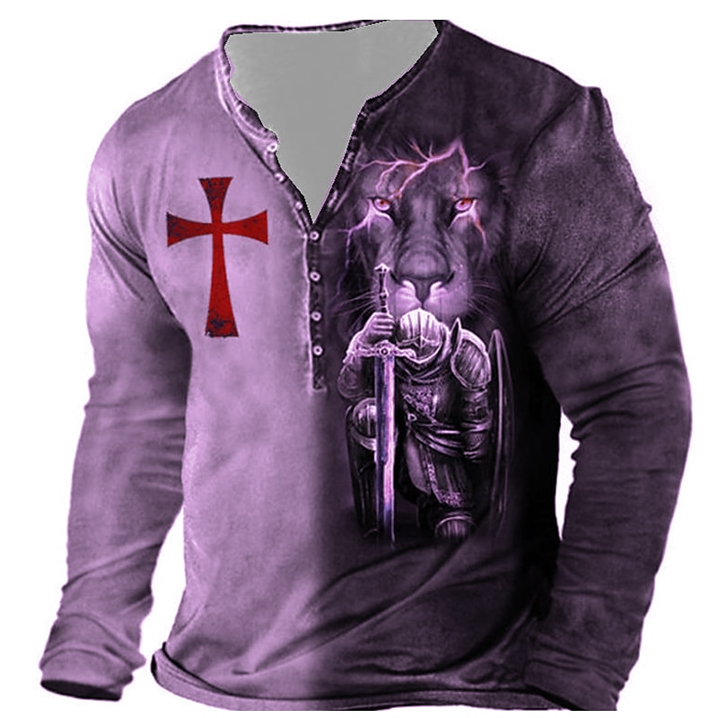 2025年 男性用 グラフィック テンプルクロス 十字架 Tシャツ ヘンリーシャツ 長袖 3Dプリント デザイナー ベーシック クラシック アウトドア 日常 スポーツ 春夏 イエロー ブルー パープル グレー ヘンリー ヘンリーTシャツ コレクション – $25.99 –P4