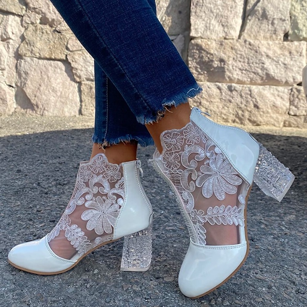 botins femininos de renda branca com salto bloco transparente - perfeitos para casamentos e eventos especiais de 2025 por $54.99 –P3