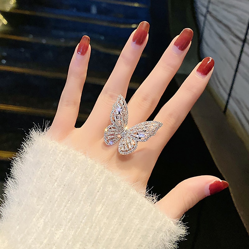 anello autunno matrimonio geometrico argento strass lega farfalla elegante semplice lusso 1 pz / donna / anello aperto / un orecchino / anello regolabile vestito per stupire 2025 del 2025 a $16.99 –P2
