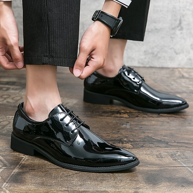 męskie lakierowane skórzane buty wizytowe typu oxford – błyszczące, formalne, sznurowane buty do biznesu, na wesela i wieczorne imprezy 2025 - $54.99 –P7