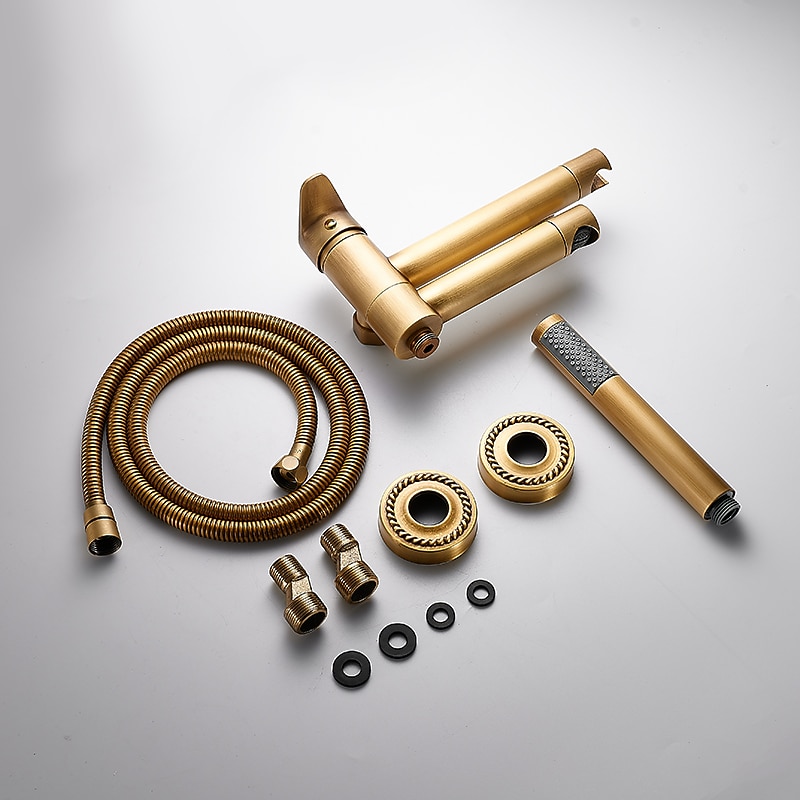 vintage kylpyammehana kaksoisputki seinään kiinnitettävä kultainen, kylpyammeen täyttöhana messinkihana, jossa käsisuihku, keraaminen venttiili yhden kahvan ohjaus 2026 - $203.99 –P1