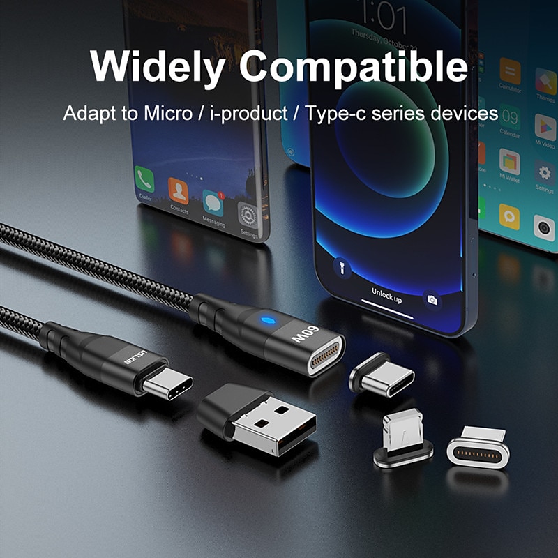 Кабель USB 3.0 60W 3,3 фута USB-C на Lightning/микро/USB-C 3 A Быстрая зарядка Высокая скорость передачи данных нейлон плетеный Прочный Магнитный Назначение Macbook Samsung Xiaomi 2025 - $22.99 –P1