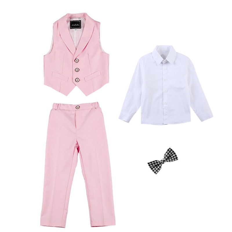 skjorte for gutter & bukse klær sett 4 deler langermet marineblå ensfarget bomull skoleferie mild preppy stil 3-13 år 2025 - $44.99 –P5