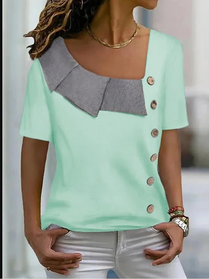 dames overhemd blouse streetwear casual color block knopen print korte mouw regular tops v hals dagelijks weekend wit geel blauw 2025 - $21.99 –P5