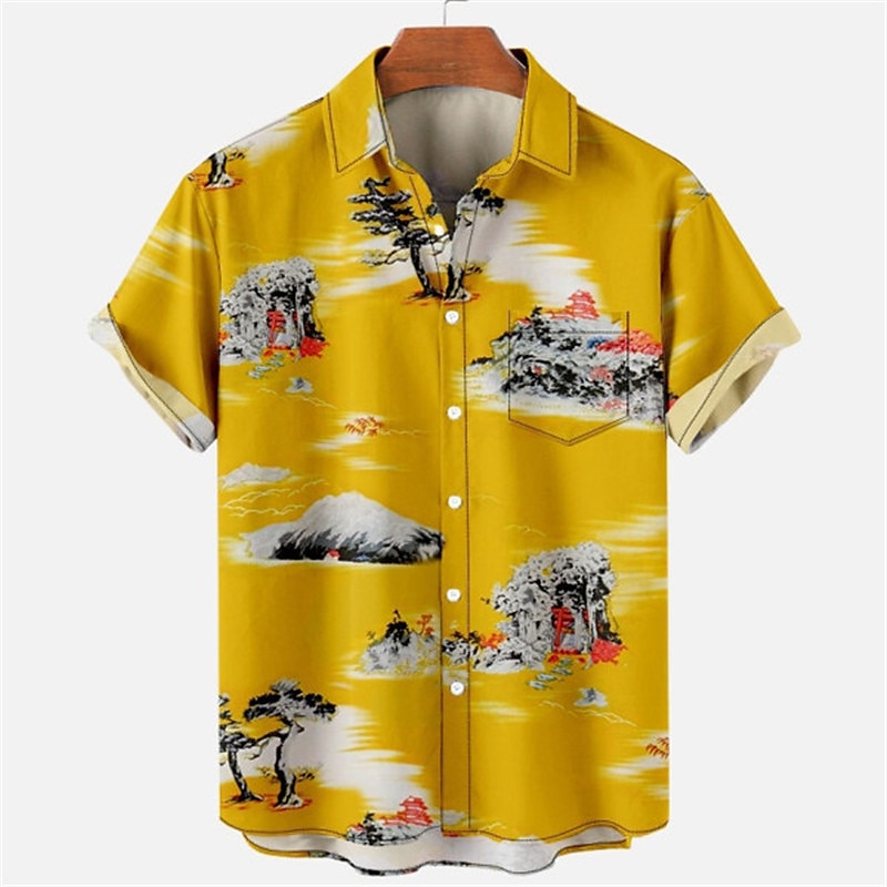 Herr Blommig Leopard Landskap Skjorta Hawaii skjorta Aloha skjorta Kort ärm Skjorta Nedvikt Mode Designer Ledigt Utomhus Gata Ledigt Vit Gul Marinblå 3D-tryck S M L 2025 - $24.99 –P4