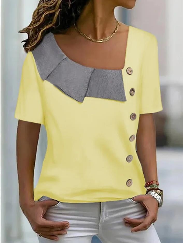 dames overhemd blouse streetwear casual color block knopen print korte mouw regular tops v hals dagelijks weekend wit geel blauw 2025 - $21.99 –P6