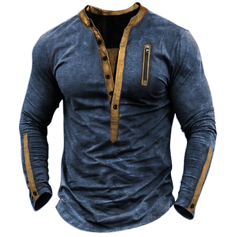 Men's Pullover Button Up Hoodie Army Green Khaki Light Grey Navy Blue Black  Henley Color Block