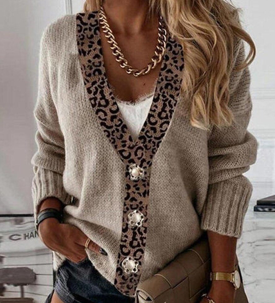 Women's Cardigan Sweater V Neck Crochet Knit Patchwork Button Fall Winter Cropped Daily Holiday Casual Long Sleeve Leopard Brown S M L 2023 - US $33.99 –P1