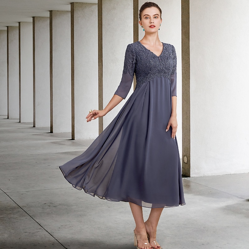Abito per la madre della sposa A-Line invitata a un matrimonio elegante taglie forti scollo a V lunghezza tè in chiffon pizzo manica 3/4 con ruches applicazioni 2025 taglia personalizzata gratuita del 2025 a $167.99 –P2