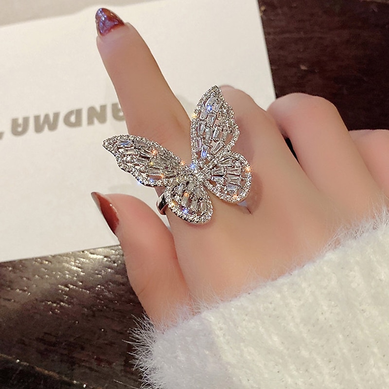 anello autunno matrimonio geometrico argento strass lega farfalla elegante semplice lusso 1 pz / donna / anello aperto / un orecchino / anello regolabile vestito per stupire 2025 del 2025 a $16.99 –P1