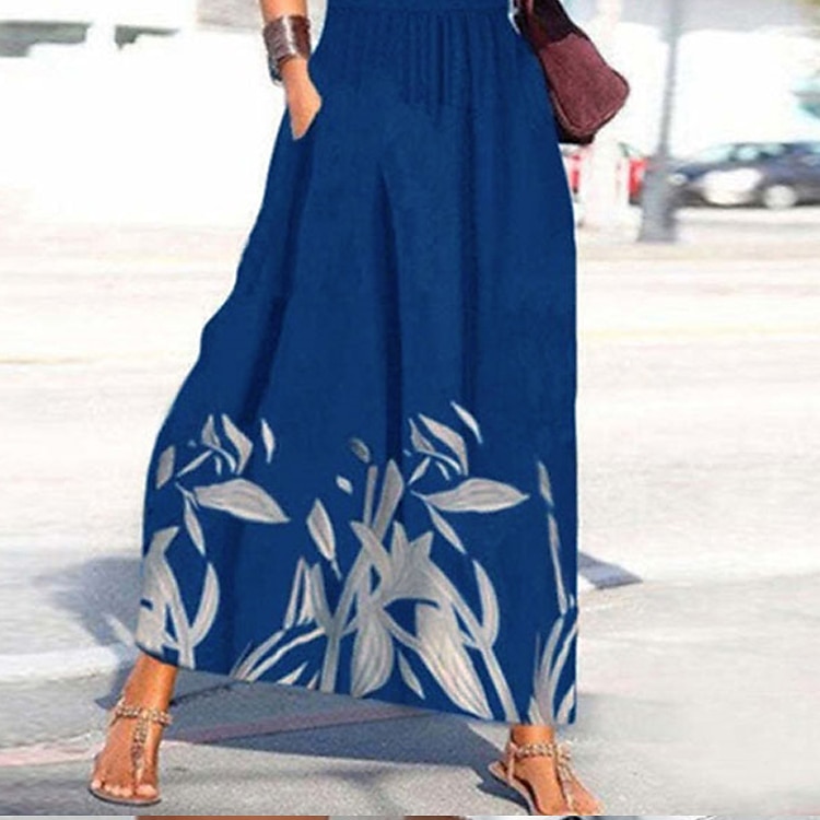 naisten rento mekko keinu mekko kukka mekko pitkä mekko maxi mekko tummansininen lyhythihainen kukka tasku kevät kesä v kaula viikonloppu löysä istuvuus 2023 s m l xl xxl 2025 - $25.99 –P3