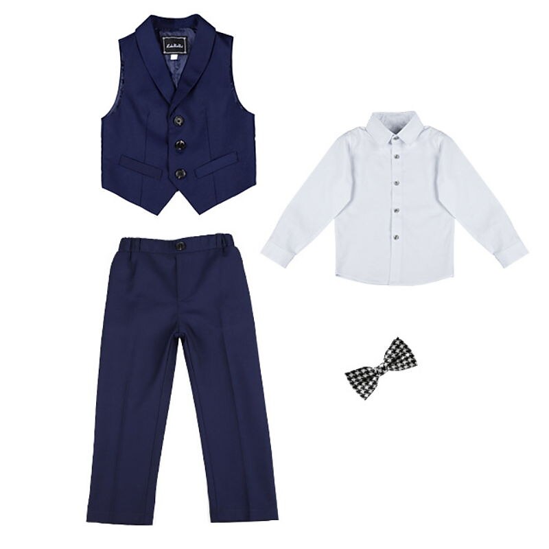 skjorte for gutter & bukse klær sett 4 deler langermet marineblå ensfarget bomull skoleferie mild preppy stil 3-13 år 2025 - $44.99 –P3