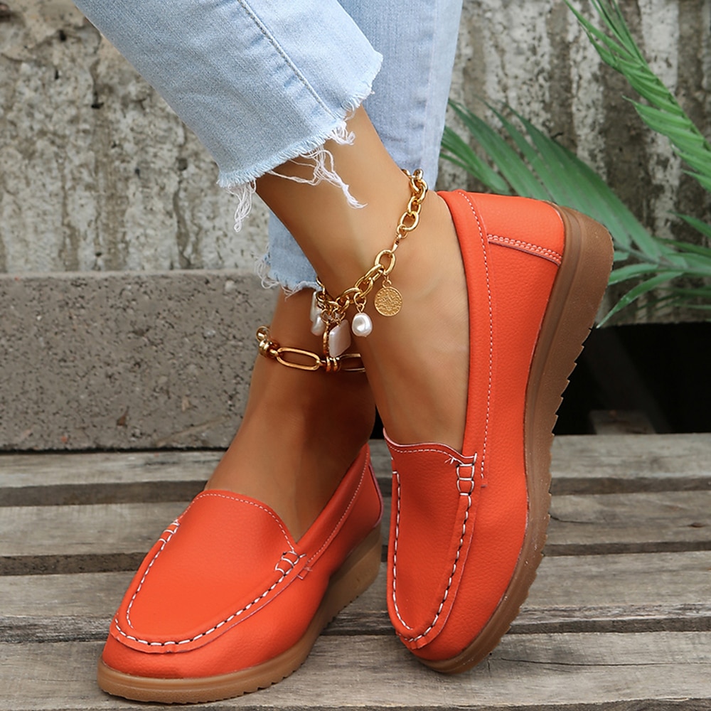 Women's Orange Faux Leather Loafers – Slip-On Moccasin Flats with Cushioned Sole for Casual Wear, Walking, and Daily Commute 2025 - $26.99 –P4