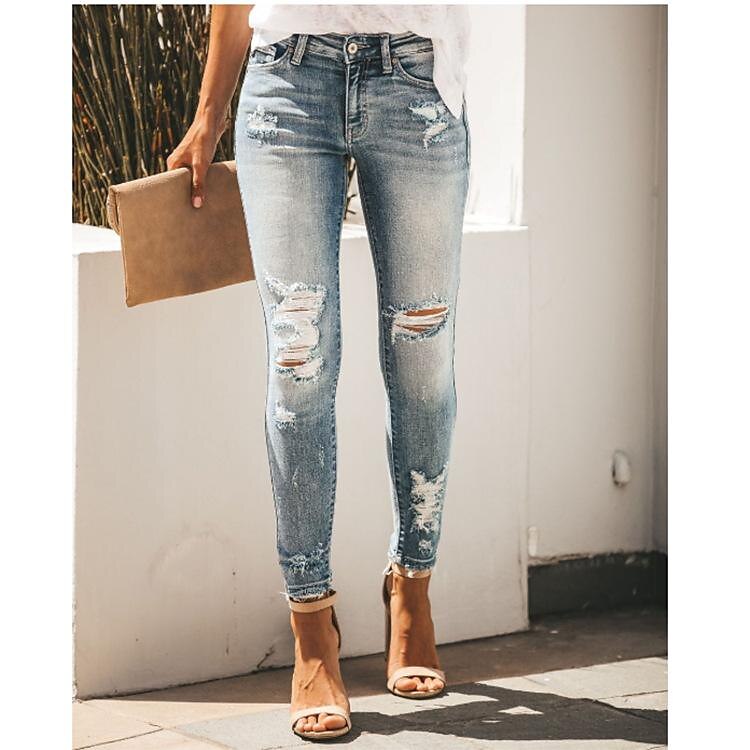 Women‘s Low Rise Jeans Skinny Pants Trousers Ankle-Length Denim Side Pockets Cut Out Micro-elastic Mid Waist Fashion Casual Weekend Light Blue S M 2023 - US $32.99 –P1