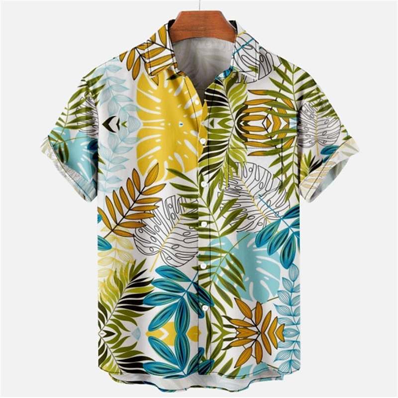 Herr Blommig Leopard Landskap Skjorta Hawaii skjorta Aloha skjorta Kort ärm Skjorta Nedvikt Mode Designer Ledigt Utomhus Gata Ledigt Vit Gul Marinblå 3D-tryck S M L 2025 - $24.99 –P19