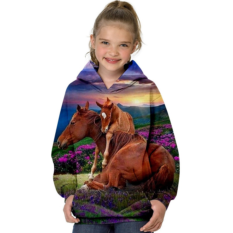 Mädchen 3D Tier Pferd Kapuzenshirt Langarm 3D-Druck Herbst Winter Modisch Strassenmode bezaubernd kinderkleidung 3-13 Jahre Outdoor Täglich Innen Regular Fit 2026 - $18.99 –P1