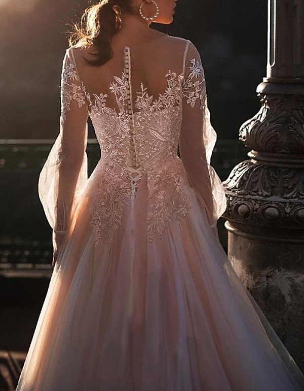 Abiti da Matrimonio in Spiaggia a Colore Abiti da Matrimonio A-Line Collo Illusion Maniche Lunghe Strascico in Pizzo Bridal Gowns con Ricamo Applicazioni 2025 del 2025 a $248.89 –P3