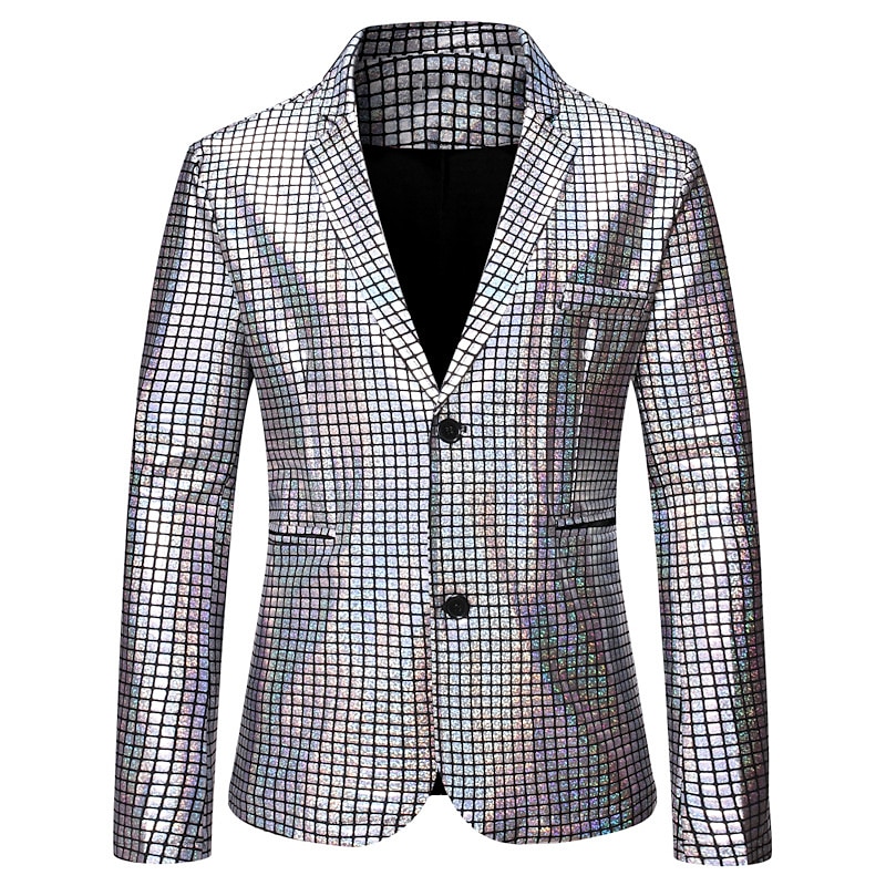Men's Jacket Blazer Party Evening Bar Party Favor Vintage Skinny Polyester Stripes and Plaid Glitter Windproof Single Breasted Blazer Silver Gold Rainbow 2025 - $57.99 –P5