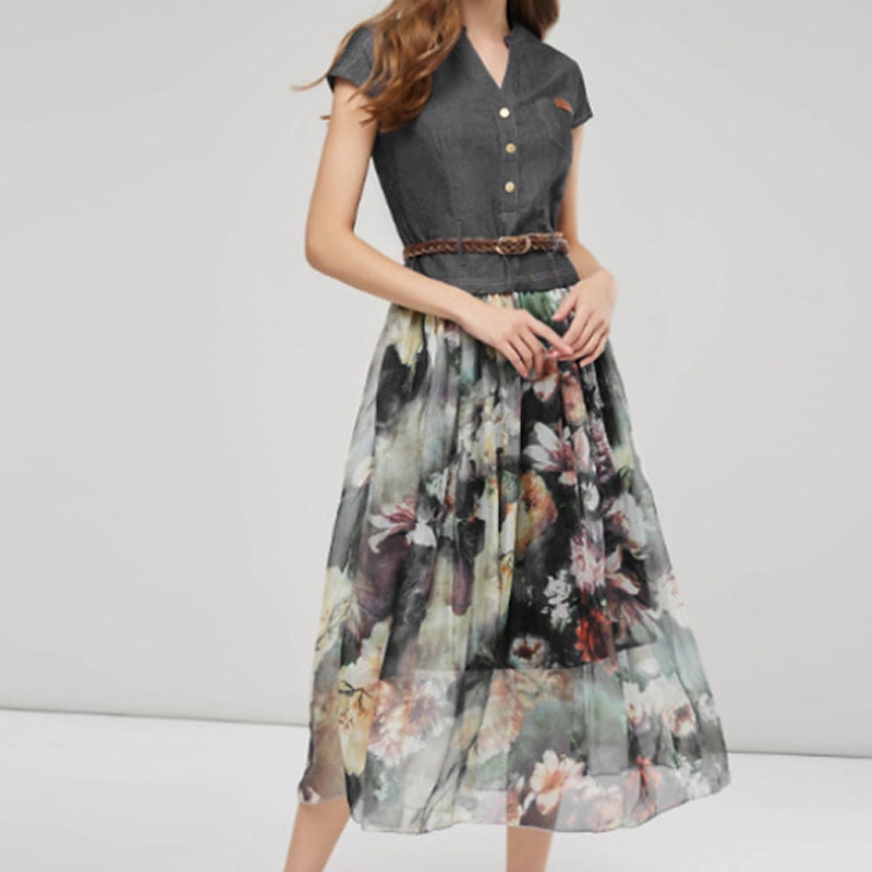Dámské Džínové šaty Swingové šaty Moderní šaty Maxi dlouhé šaty Džínovina stylové Elegantní Formální Venkovní Denní Do V Slátanina Výšivka Krátký rukáv Léto Jaro Podzim 2023 Běžný Černá Vodní modrá 2025 - $44.99 –P5