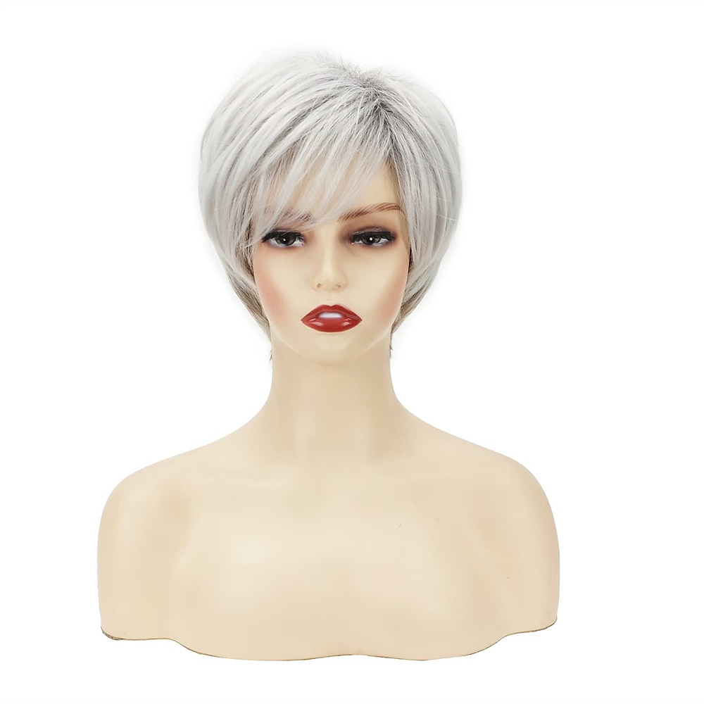 krótkie kręcone szare peruki pixie dla białych kobiet sliver szare warstwowe peruki syntetyczne naturalnie wyglądające pixie cut puszyste peruki z grzywką peruki świąteczne 2025 - $17.49 –P4
