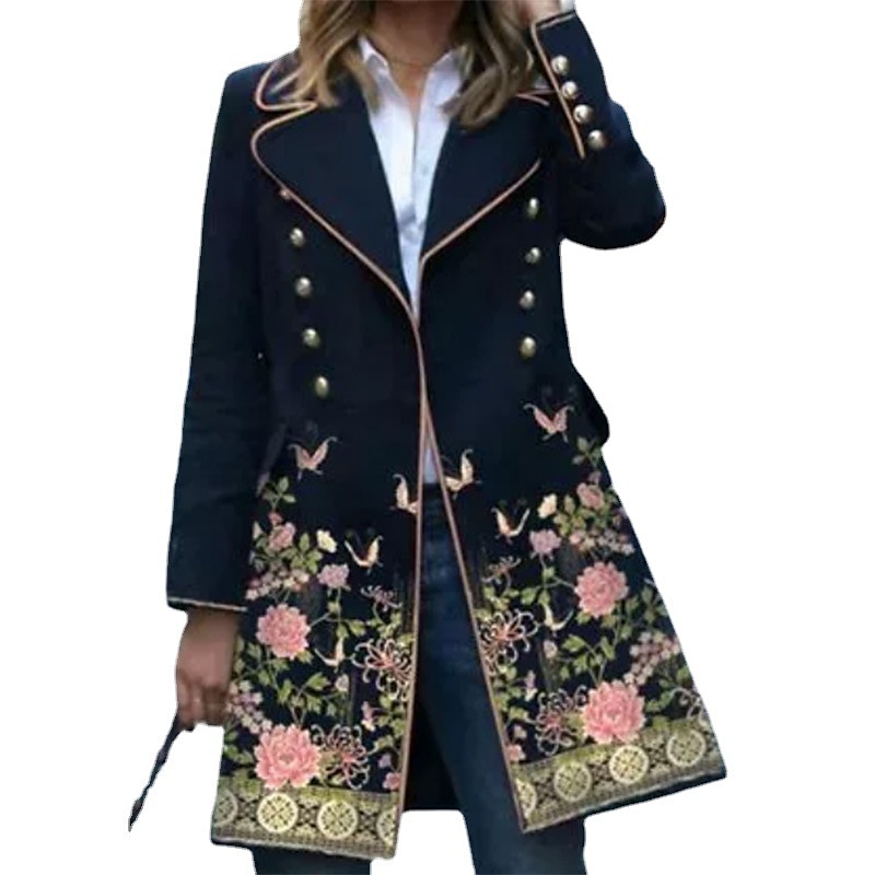 Women's Winter Coat Long Overcoat Floral Print Trench Coat Thermal Warm Pea Double Breasted Lapel Heated Coat Windproof Outerwear Long Sleeve Fall 2024 - $41.99 –P2