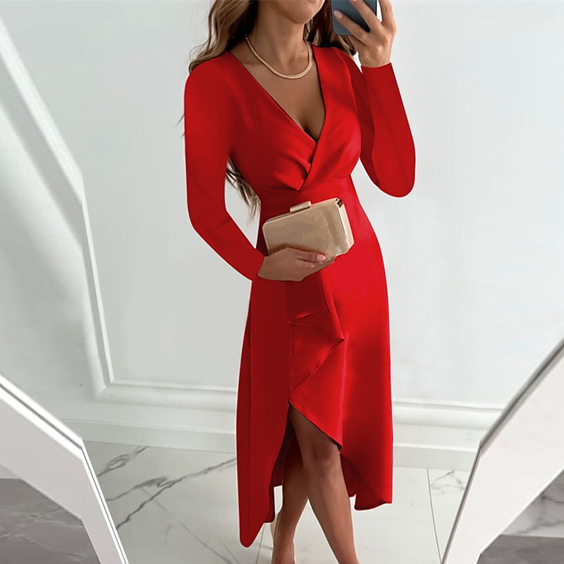 dameswerkjurk midi-jurk zwart rood fuchsia lange mouw pure kleur ruche zomer lente herfst v-hals stijlvolle zomerjurk dagelijks vakantie 2023 s m l xl xxl 2025 - $23.99 –P5
