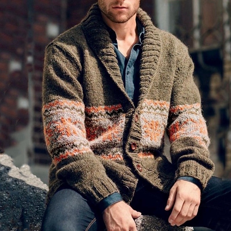 Men's Sweater Cardigan Sweater Ribbed Knit Cropped Knitted Floral Shawl Collar Stylish Basic Outdoor Daily Clothing Apparel Fall Winter Army Green S M L 2025 - $43.99 –P1