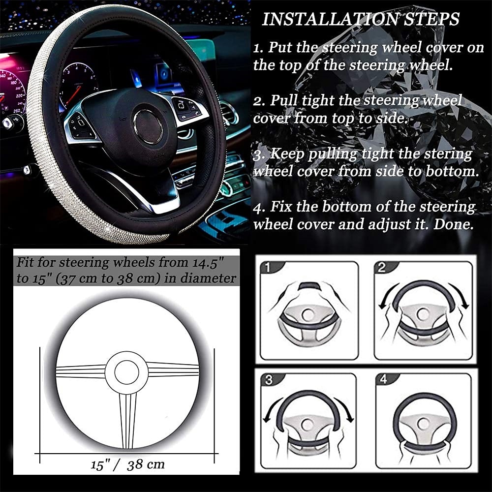 New Diamond Leather Steering Wheel Cover with Bling Bling Crystal Rhinestones Universal Fit 15 Inch Car Wheel Protector for Women Girls 2025 - $25.99 –P15