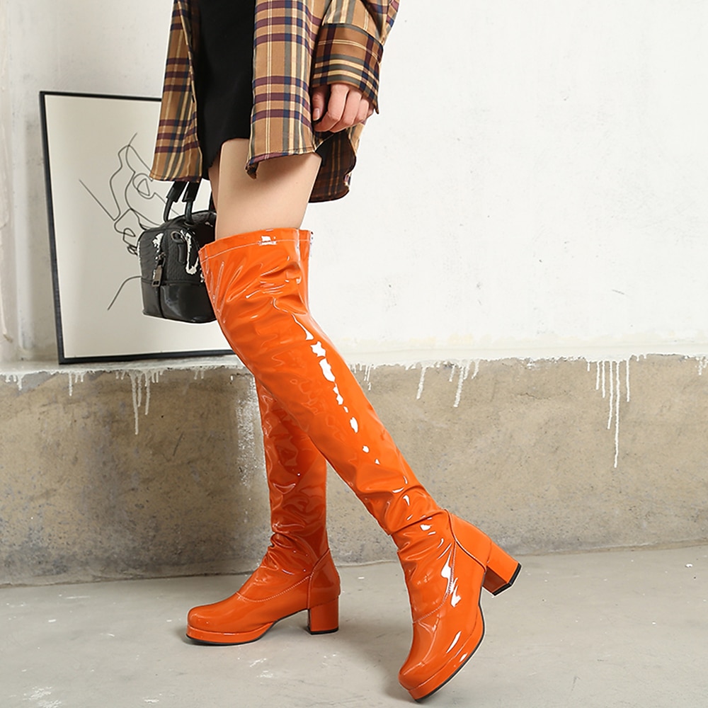 Botas por encima de la rodilla de charol negro para mujer con tacón grueso, elegantes y sofisticadas para salir de noche y para fiestas. 2026 - $69.99 –P15