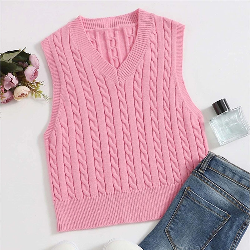 Colete de suéter de venda imperdível amazon europeu e americano moda casual sem mangas cabo suéter com decote em v colete de malha feminino de 2025 por $41.99 –P4