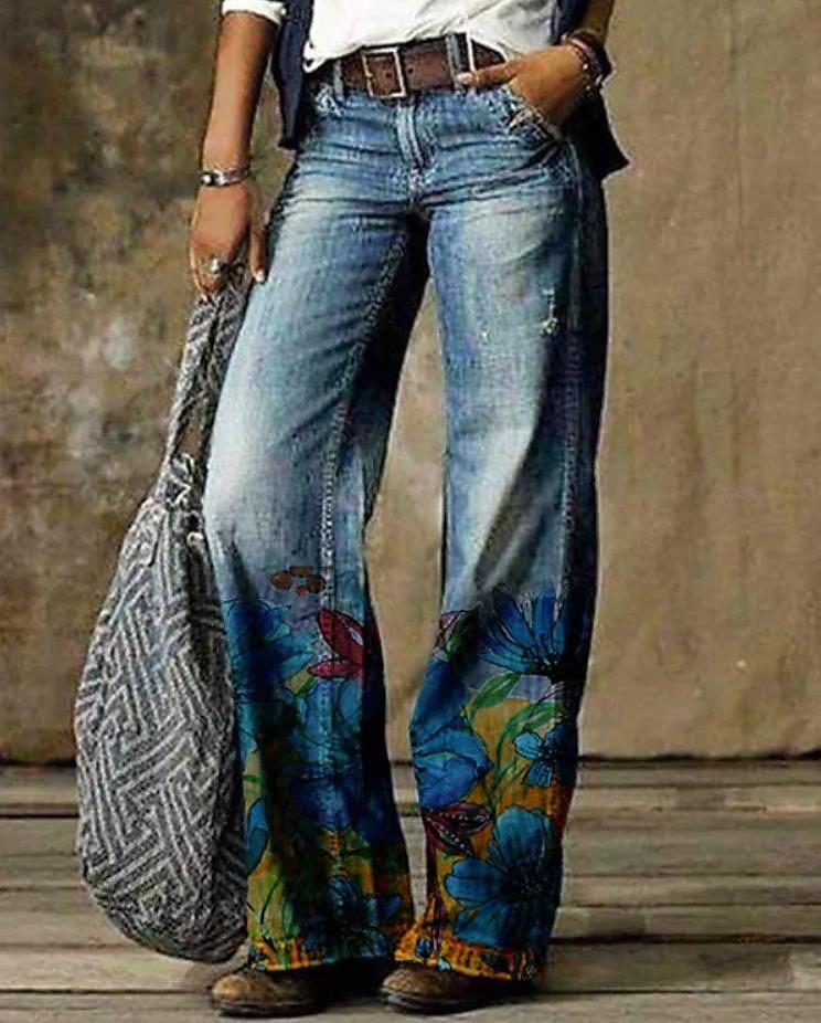 Dames Normaal Jeans Uitlopende broek Bell Bottom 3D-print Volledige lengte Medium Taille Bloem Zijzakken Breed Been Afdrukken Comfort Hoge Elasticiteit Casual 1 2 14 16 Zomer Lente & Herfst Ruim 2025 - $8.99 –P8