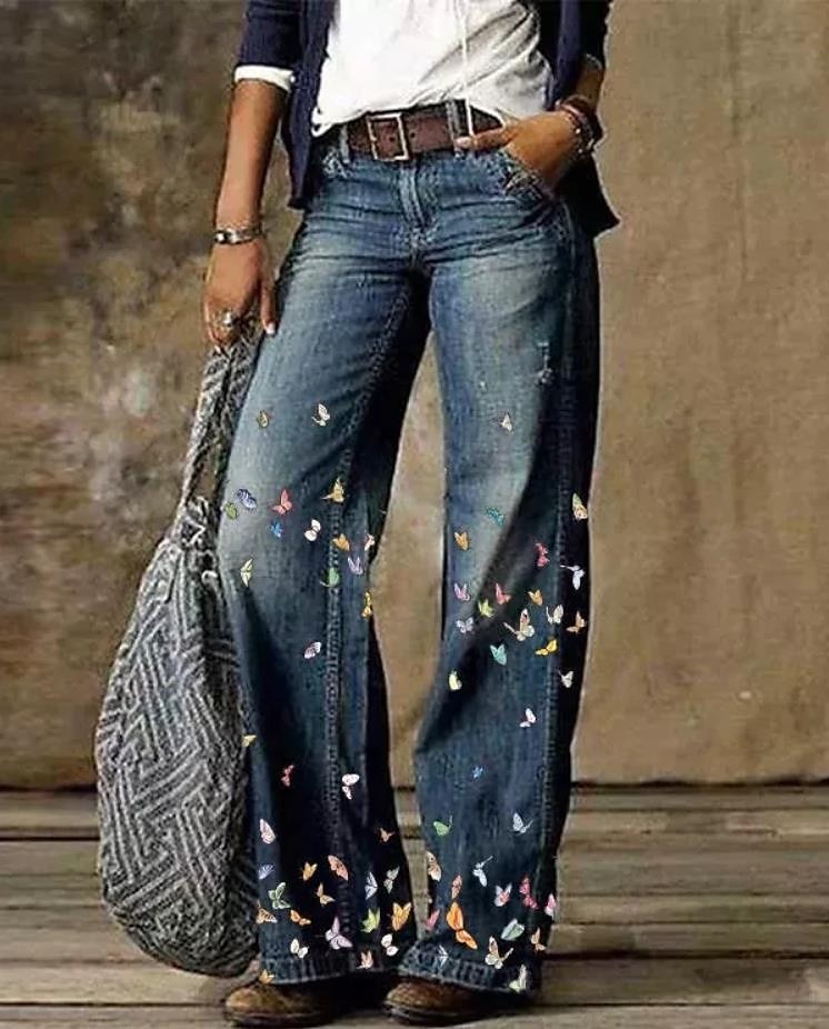 Dames Normaal Jeans Uitlopende broek Bell Bottom 3D-print Volledige lengte Medium Taille Bloem Zijzakken Breed Been Afdrukken Comfort Hoge Elasticiteit Casual 1 2 14 16 Zomer Lente & Herfst Ruim 2025 - $8.99 –P5