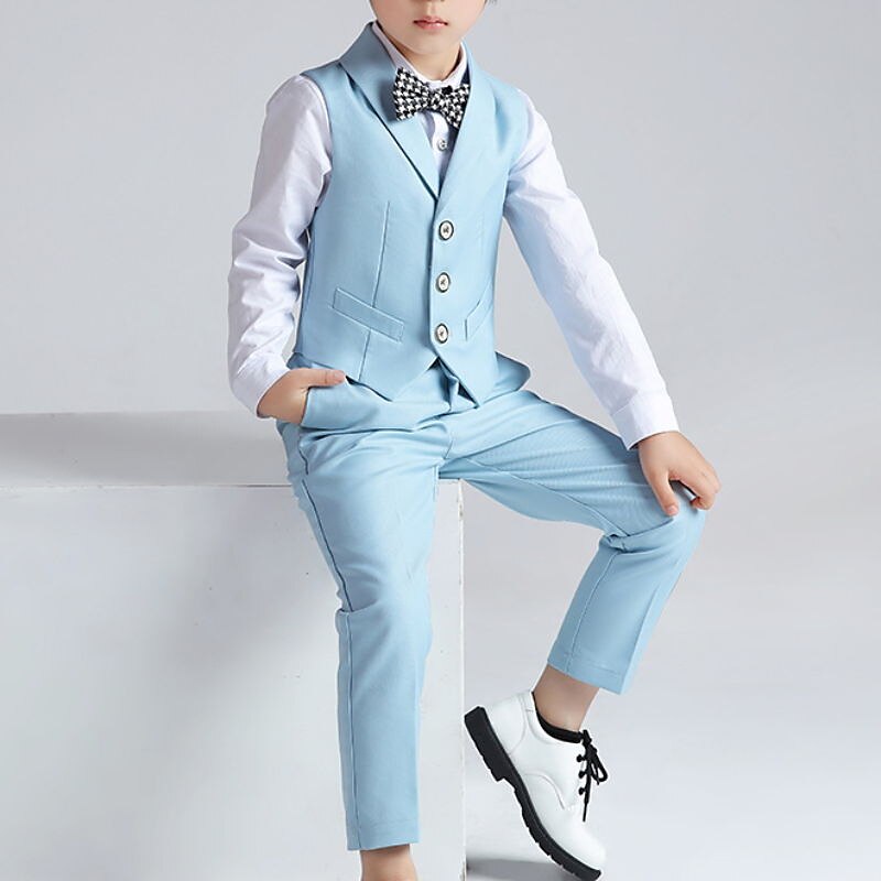 skjorte for gutter & bukse klær sett 4 deler langermet marineblå ensfarget bomull skoleferie mild preppy stil 3-13 år 2025 - $44.99 –P9